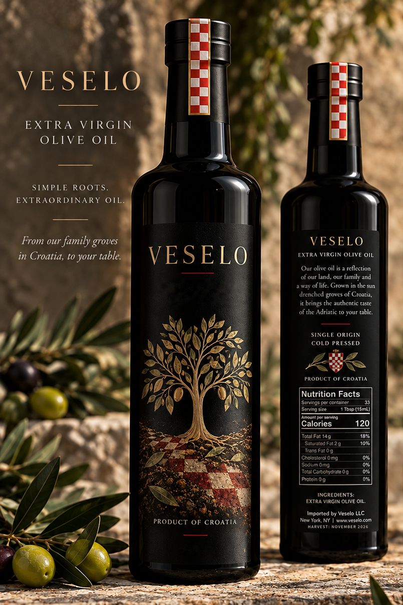 Two black Veselo olive oil bottles. The front label shows a gold olive tree growing from red and white checkered Croatian soil.