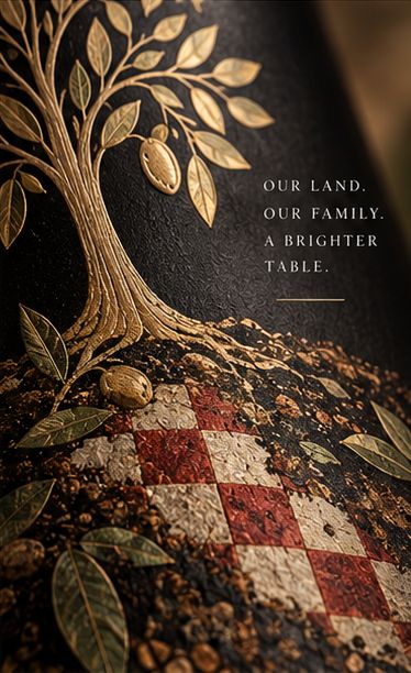Close-up of the label: the gold olive tree's roots reaching into red and white checkered earth.